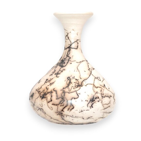 Raku Horsehair Navajo Smoked Cream Black Ceramic Signed Art Studio Pottery Vase - Picture 4 of 8